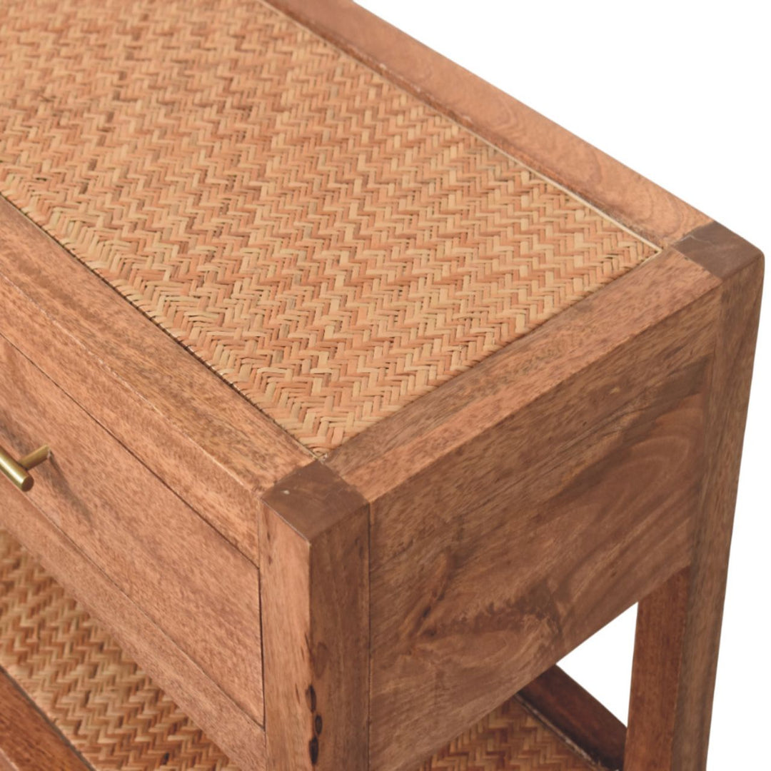 Brown Lacquered Honey Caramel Solid Mango Wood Woven Console with Rattan Shelves & Brass Handles