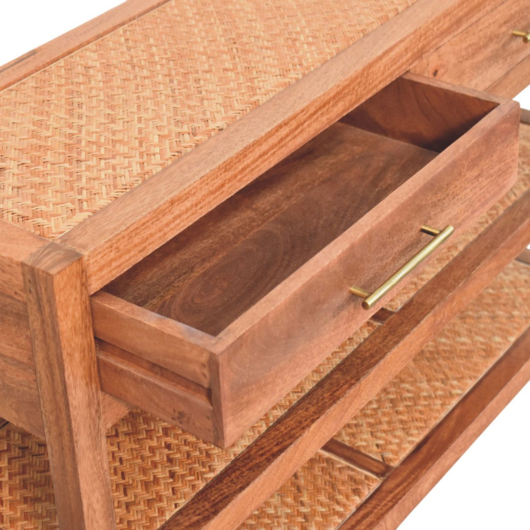 Brown Lacquered Honey Caramel Solid Mango Wood Woven Console with Rattan Shelves & Brass Handles