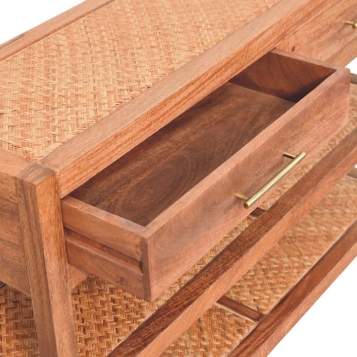 Brown Lacquered Honey Caramel Solid Mango Wood Woven Console with Rattan Shelves & Brass Handles
