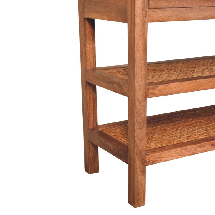 Brown Lacquered Honey Caramel Solid Mango Wood Woven Console with Rattan Shelves & Brass Handles