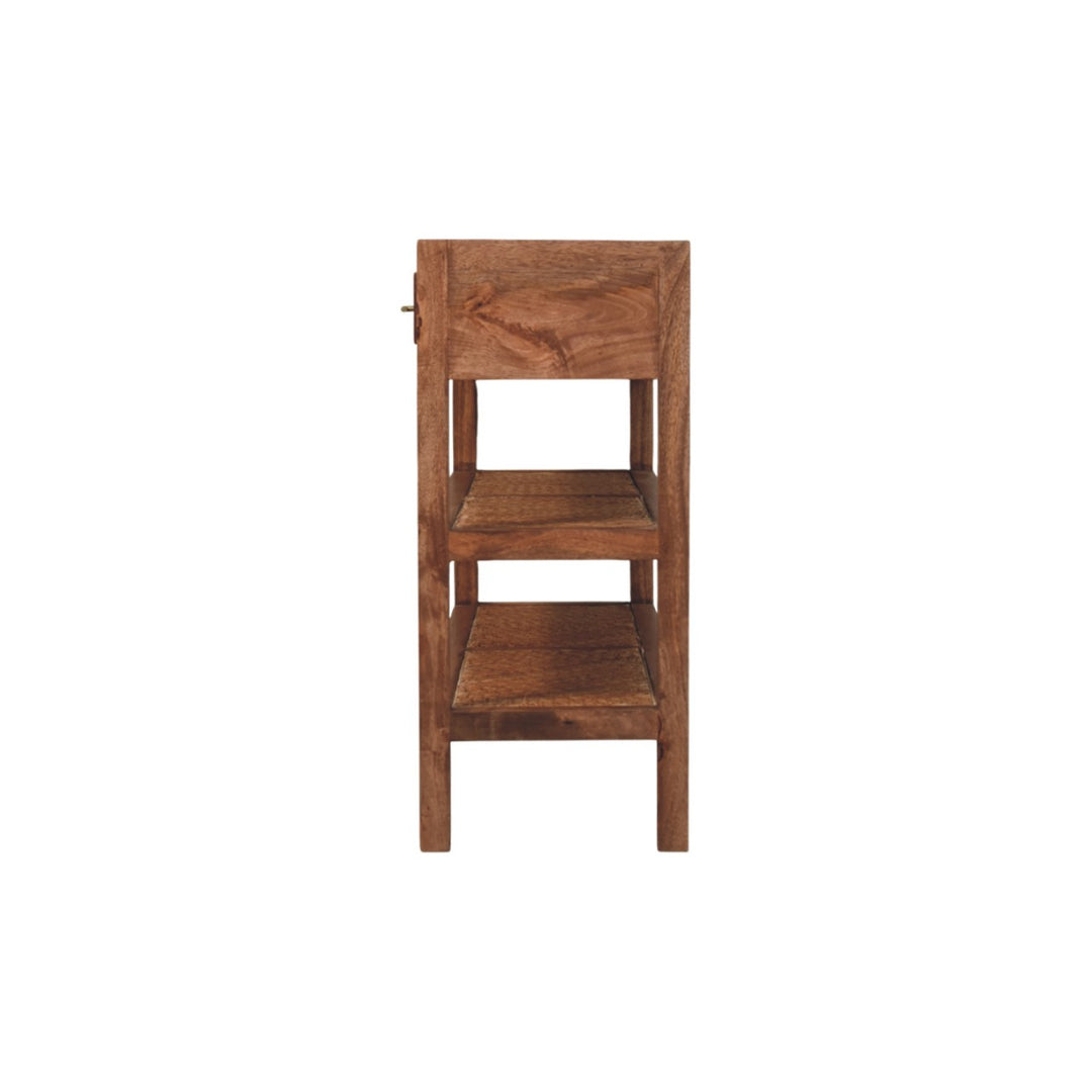 Brown Lacquered Honey Caramel Solid Mango Wood Woven Console with Rattan Shelves & Brass Handles