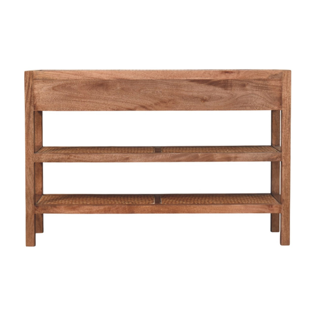Brown Lacquered Honey Caramel Solid Mango Wood Woven Console with Rattan Shelves & Brass Handles