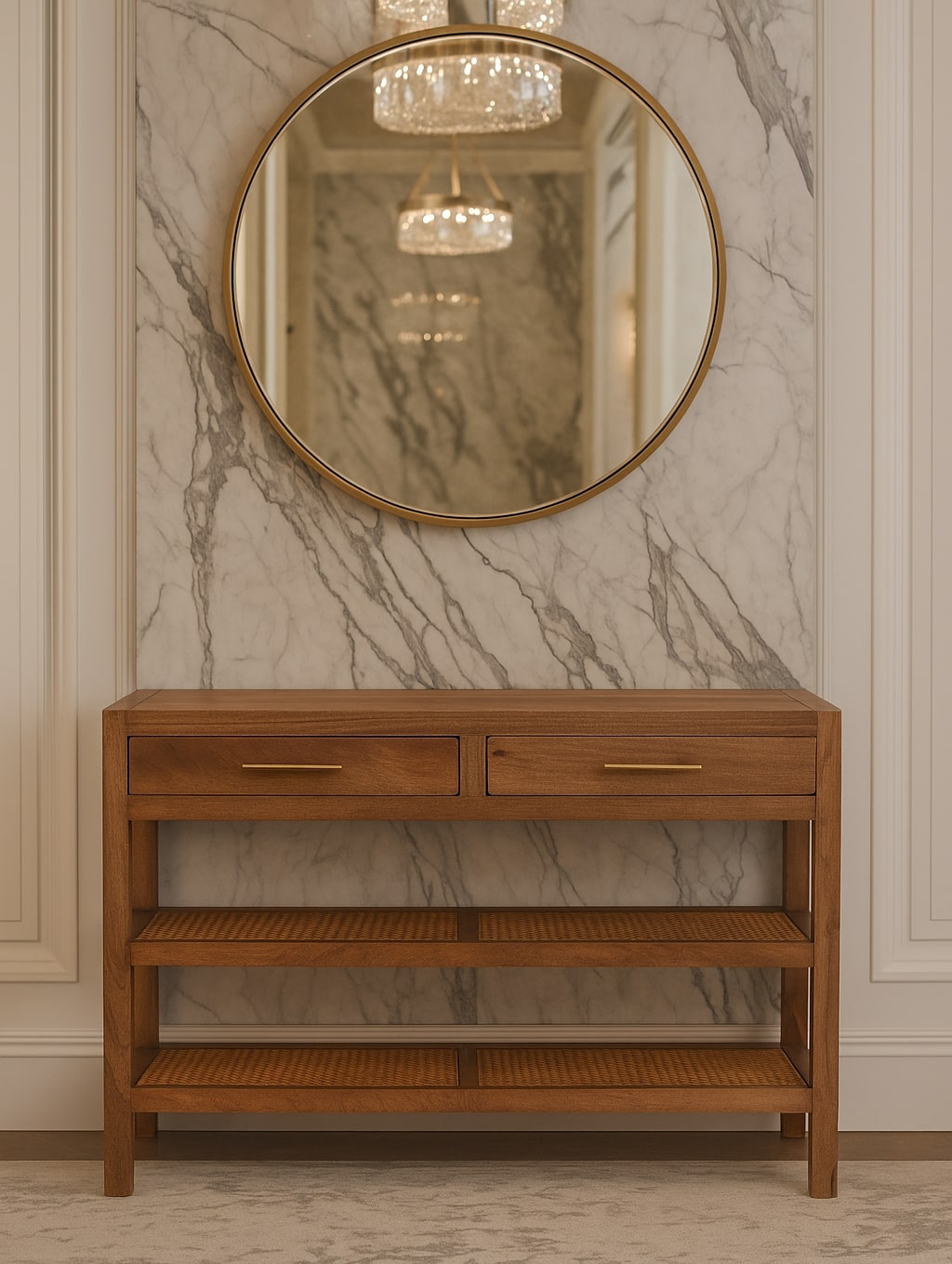 Brown Lacquered Honey Caramel Solid Mango Wood Woven Console with Rattan Shelves & Brass Handles