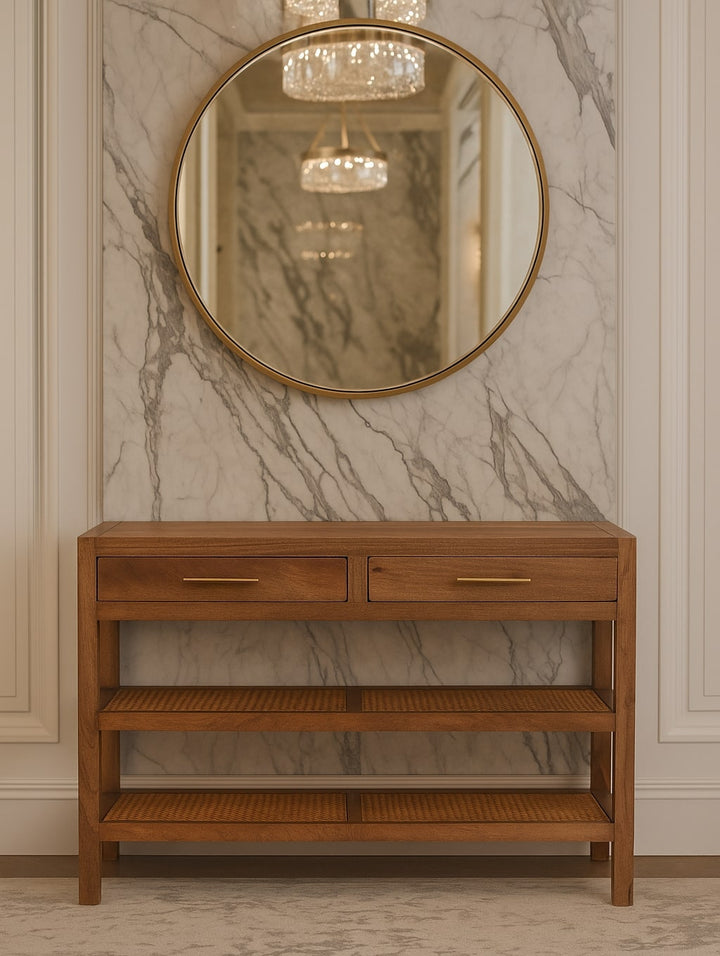 Brown Lacquered Honey Caramel Solid Mango Wood Woven Console with Rattan Shelves & Brass Handles