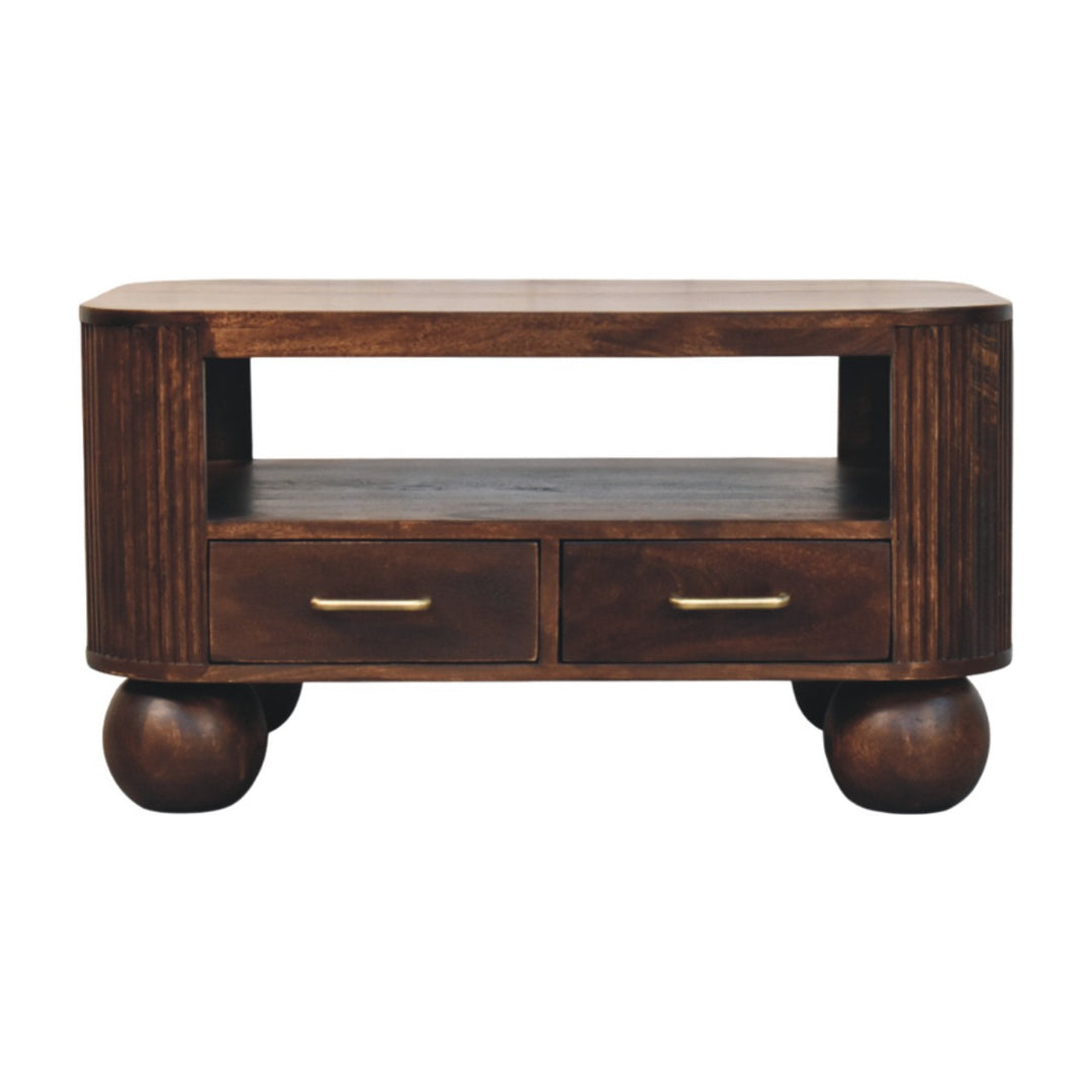 Brown Walnut Veneer Solid Mango Wood Coffee Table with Spherical Legs & Brass Handles