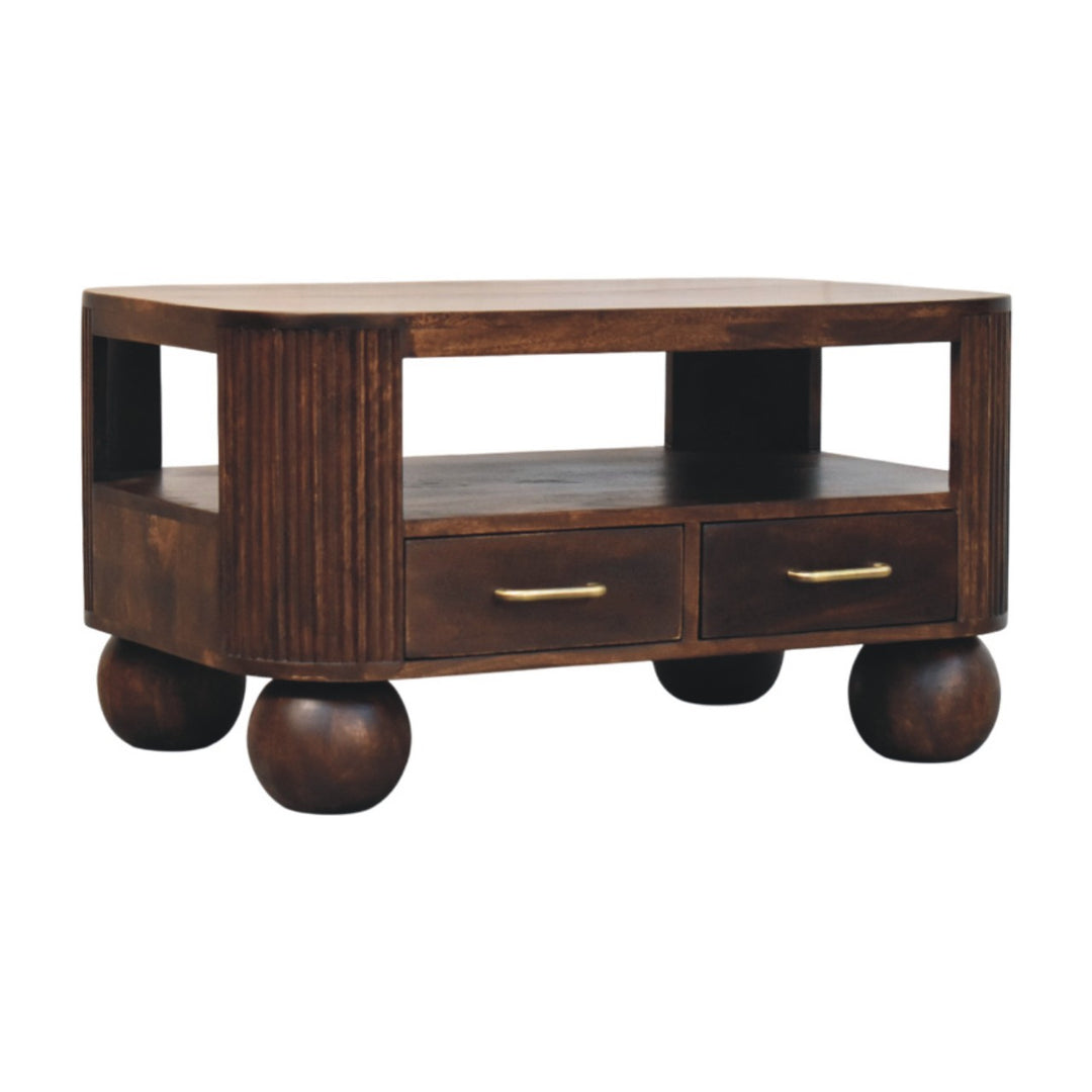 Brown Walnut Veneer Solid Mango Wood Coffee Table with Spherical Legs & Brass Handles