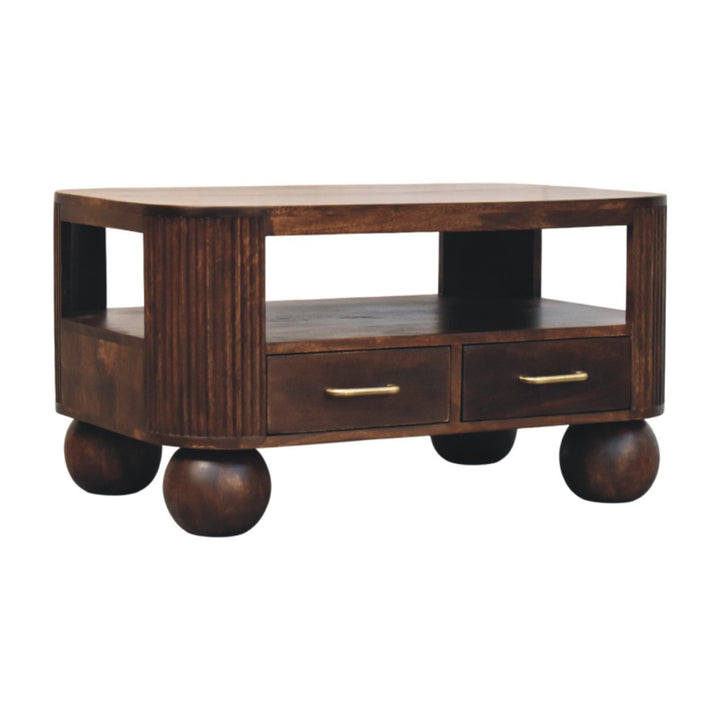 Brown Walnut Veneer Solid Mango Wood Coffee Table with Spherical Legs & Brass Handles