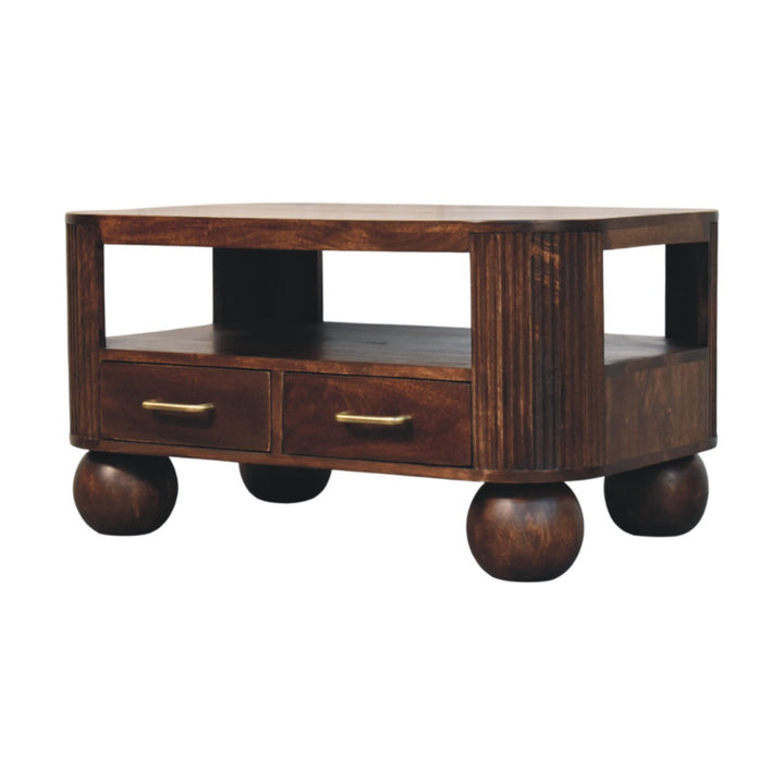 Brown Walnut Veneer Solid Mango Wood Coffee Table with Spherical Legs & Brass Handles