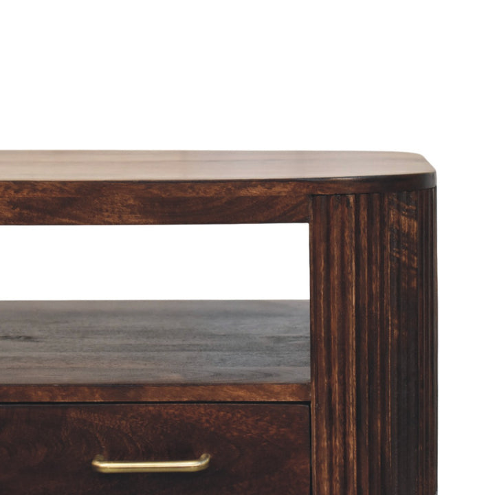 Brown Walnut Veneer Solid Mango Wood Coffee Table with Spherical Legs & Brass Handles