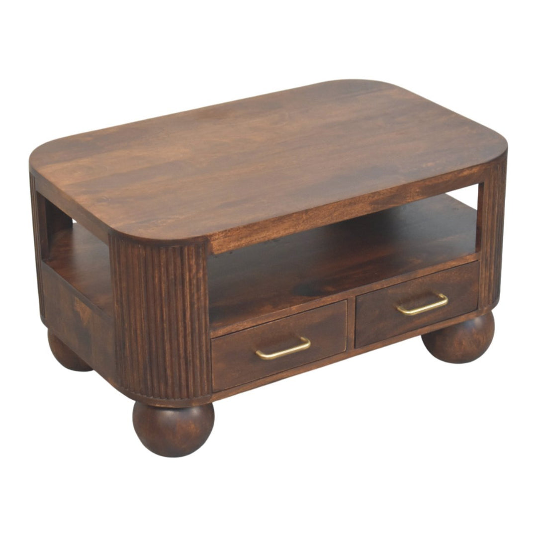Brown Walnut Veneer Solid Mango Wood Coffee Table with Spherical Legs & Brass Handles