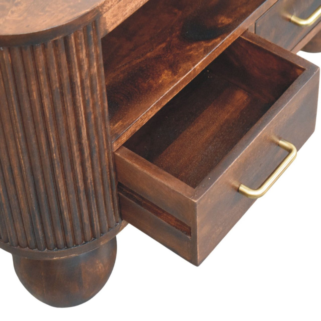 Brown Walnut Veneer Solid Mango Wood Coffee Table with Spherical Legs & Brass Handles