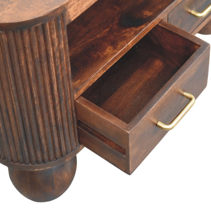 Brown Walnut Veneer Solid Mango Wood Coffee Table with Spherical Legs & Brass Handles