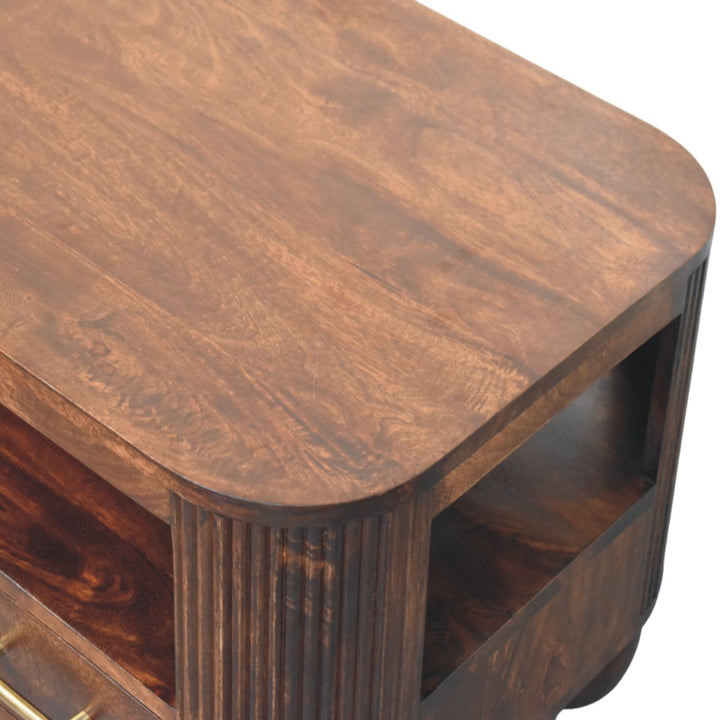Brown Walnut Veneer Solid Mango Wood Coffee Table with Spherical Legs & Brass Handles