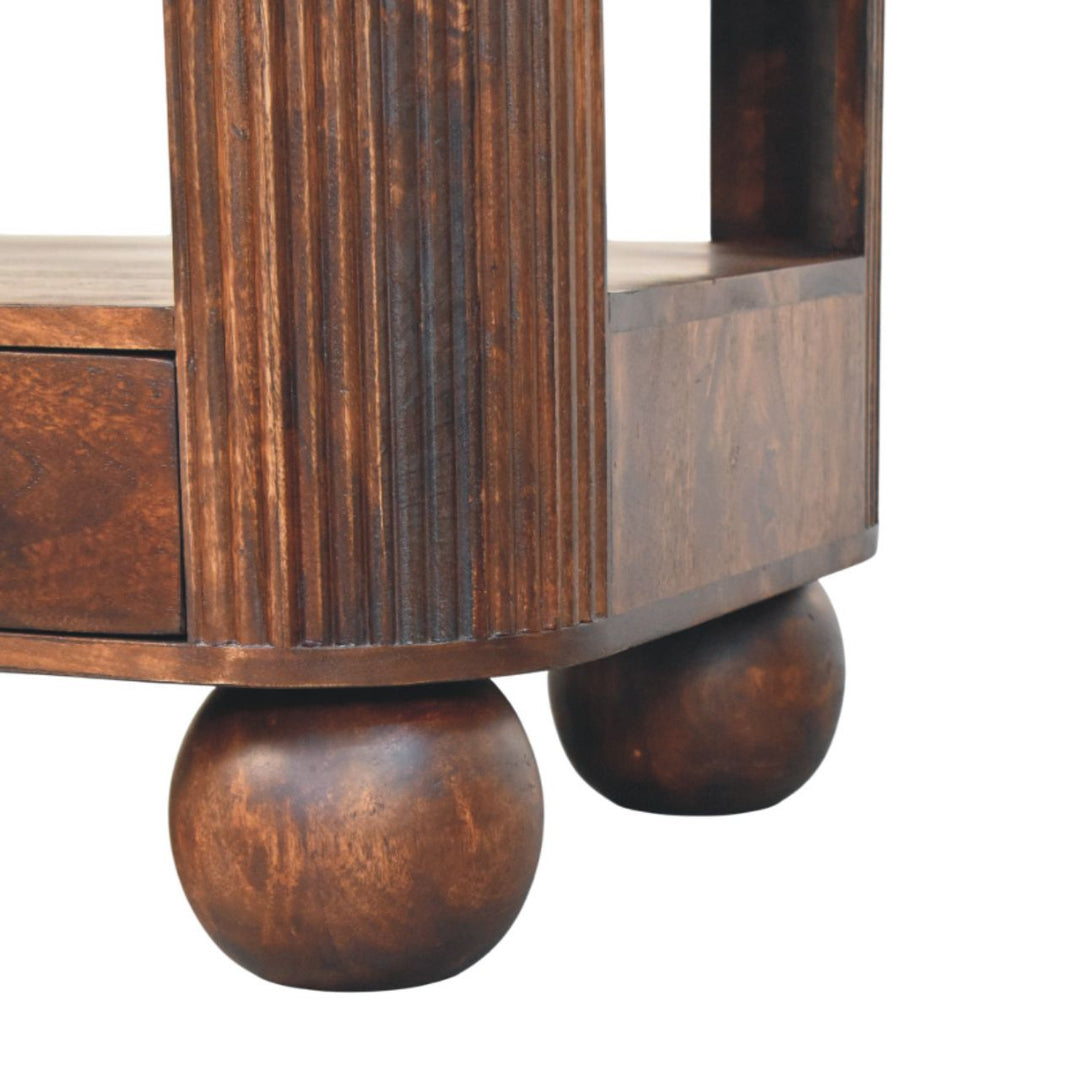 Brown Walnut Veneer Solid Mango Wood Coffee Table with Spherical Legs & Brass Handles