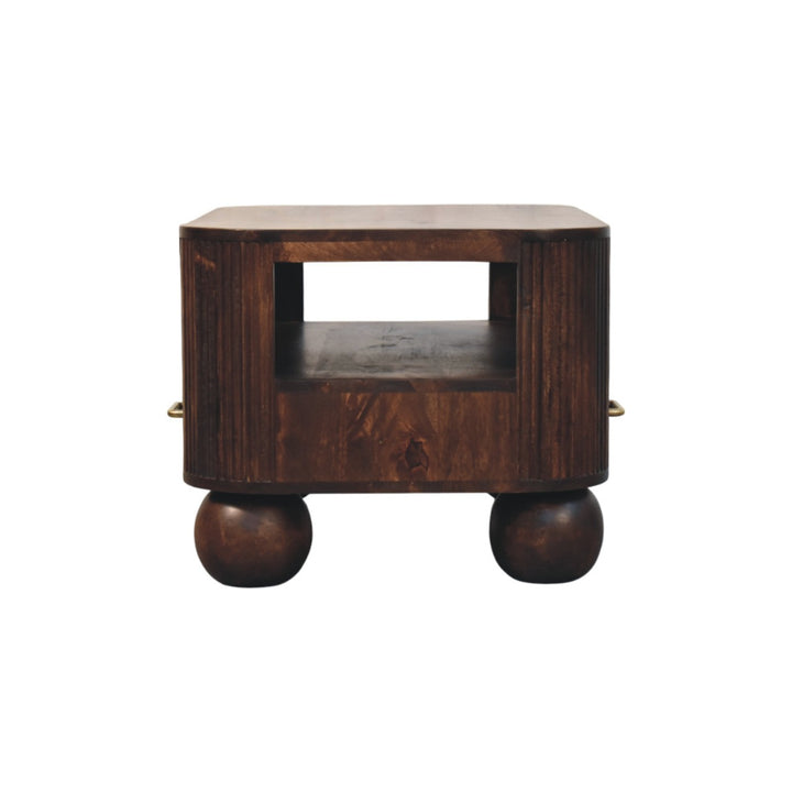 Brown Walnut Veneer Solid Mango Wood Coffee Table with Spherical Legs & Brass Handles