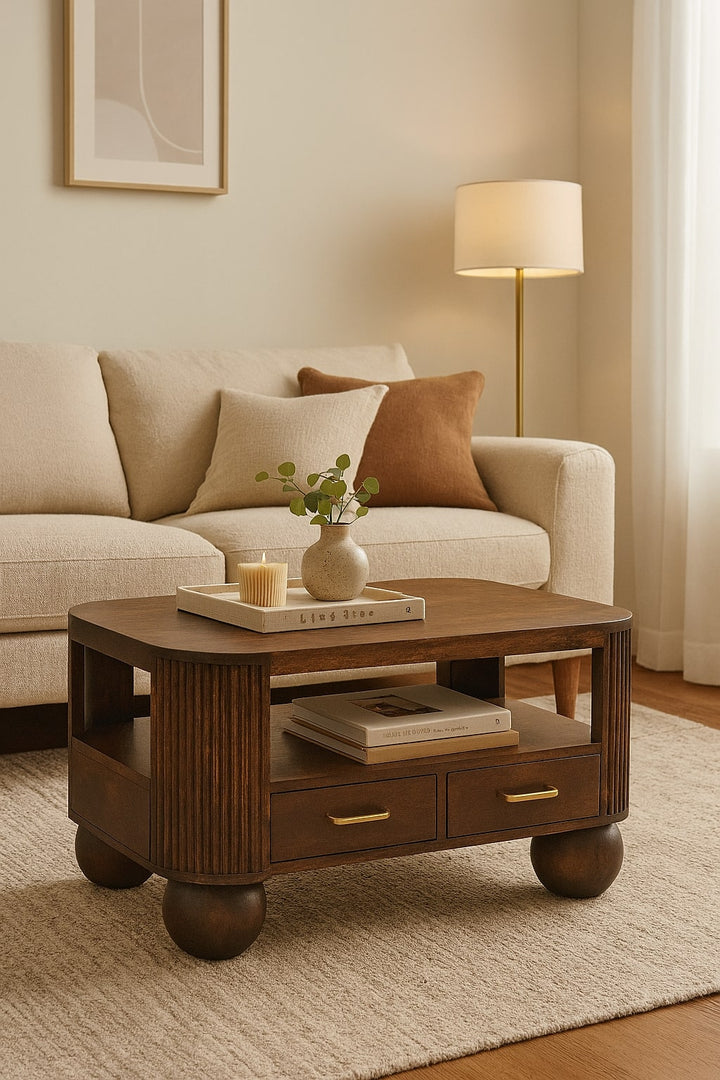 Brown Walnut Veneer Solid Mango Wood Coffee Table with Spherical Legs & Brass Handles