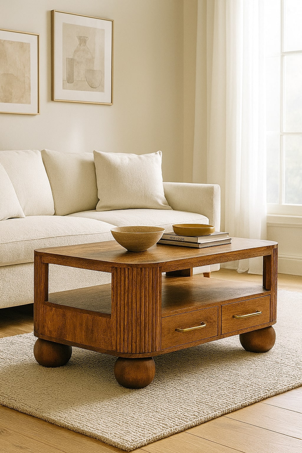 Brown Lacquered Golden Teak Solid Mango Wood Briarwood Fluted Coffee Table with Spherical Feet