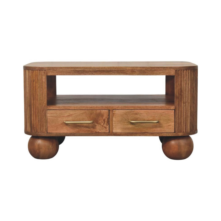 Brown Lacquered Golden Teak Solid Mango Wood Briarwood Fluted Coffee Table with Spherical Feet