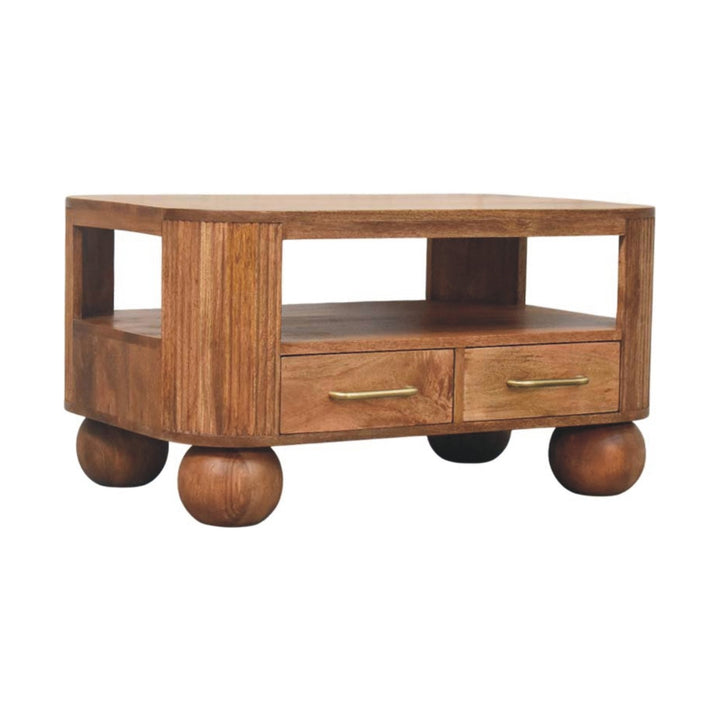 Brown Lacquered Golden Teak Solid Mango Wood Briarwood Fluted Coffee Table with Spherical Feet