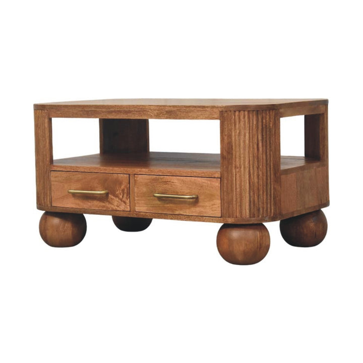 Brown Lacquered Golden Teak Solid Mango Wood Briarwood Fluted Coffee Table with Spherical Feet