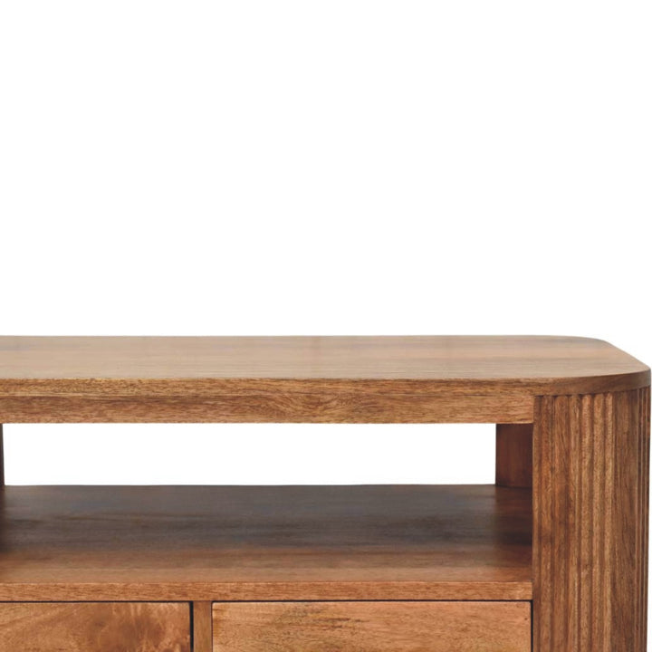 Brown Lacquered Golden Teak Solid Mango Wood Briarwood Fluted Coffee Table with Spherical Feet