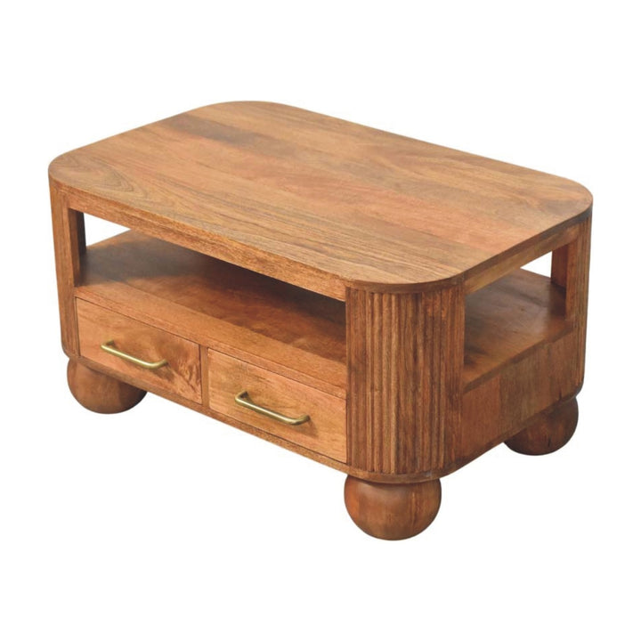 Brown Lacquered Golden Teak Solid Mango Wood Briarwood Fluted Coffee Table with Spherical Feet