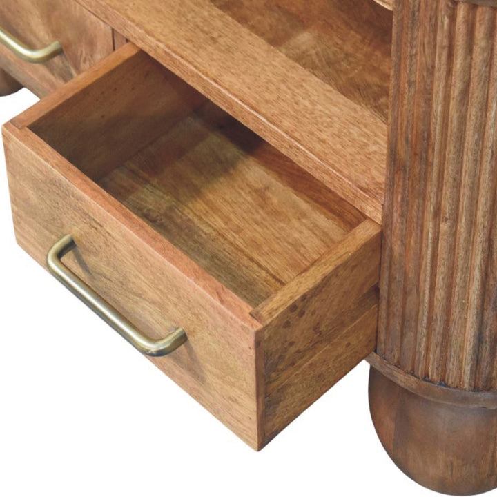 Brown Lacquered Golden Teak Solid Mango Wood Briarwood Fluted Coffee Table with Spherical Feet