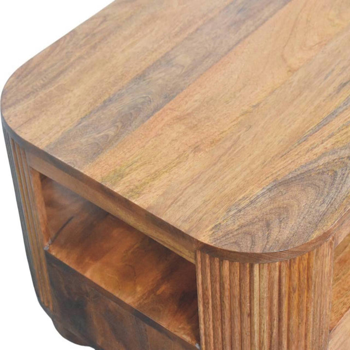 Brown Lacquered Golden Teak Solid Mango Wood Briarwood Fluted Coffee Table with Spherical Feet