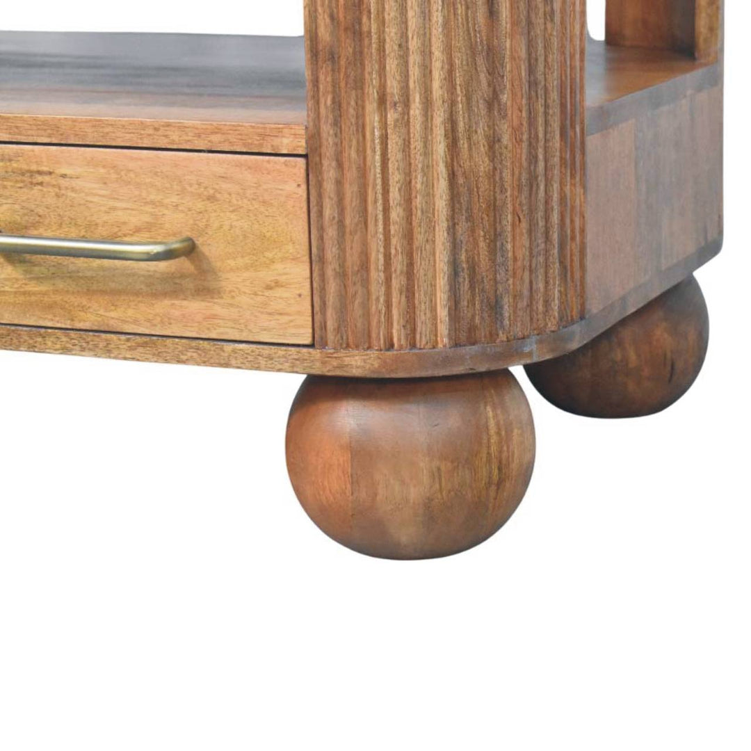 Brown Lacquered Golden Teak Solid Mango Wood Briarwood Fluted Coffee Table with Spherical Feet