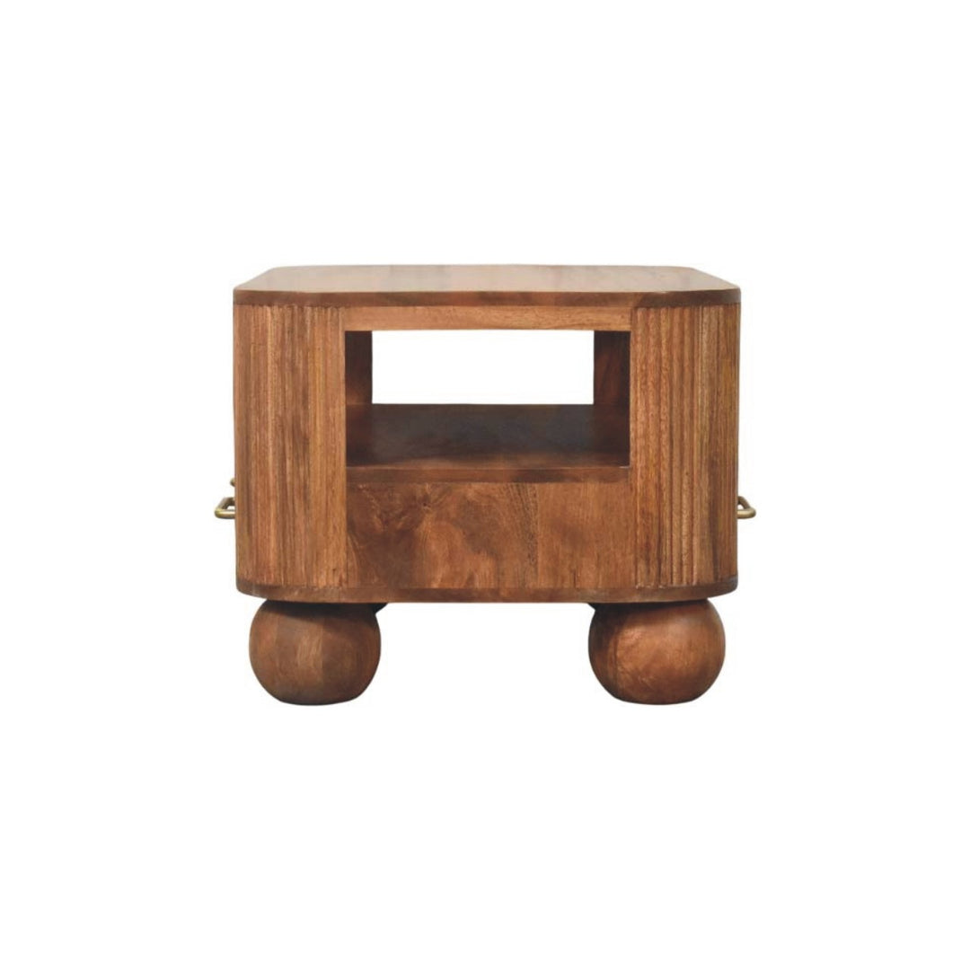 Brown Lacquered Golden Teak Solid Mango Wood Briarwood Fluted Coffee Table with Spherical Feet