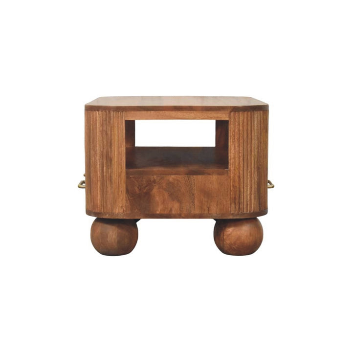 Brown Lacquered Golden Teak Solid Mango Wood Briarwood Fluted Coffee Table with Spherical Feet