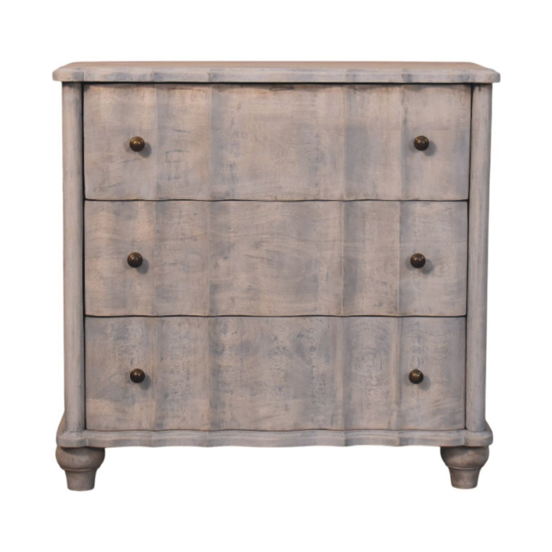 Grey Lacquered Solid Mango Wood Chest of Drawers with Curved Legs & Open Shelf