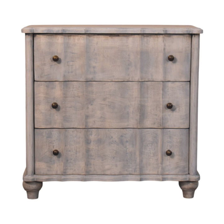 Grey Lacquered Solid Mango Wood Chest of Drawers with Curved Legs & Open Shelf