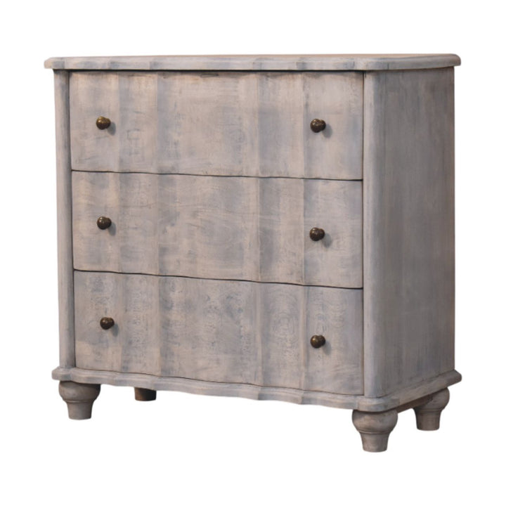 Grey Lacquered Solid Mango Wood Chest of Drawers with Curved Legs & Open Shelf