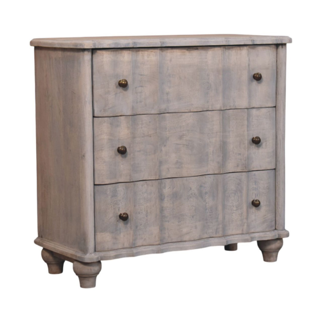 Grey Lacquered Solid Mango Wood Chest of Drawers with Curved Legs & Open Shelf