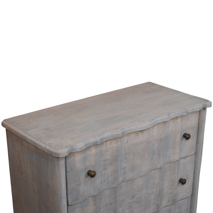 Grey Lacquered Solid Mango Wood Chest of Drawers with Curved Legs & Open Shelf