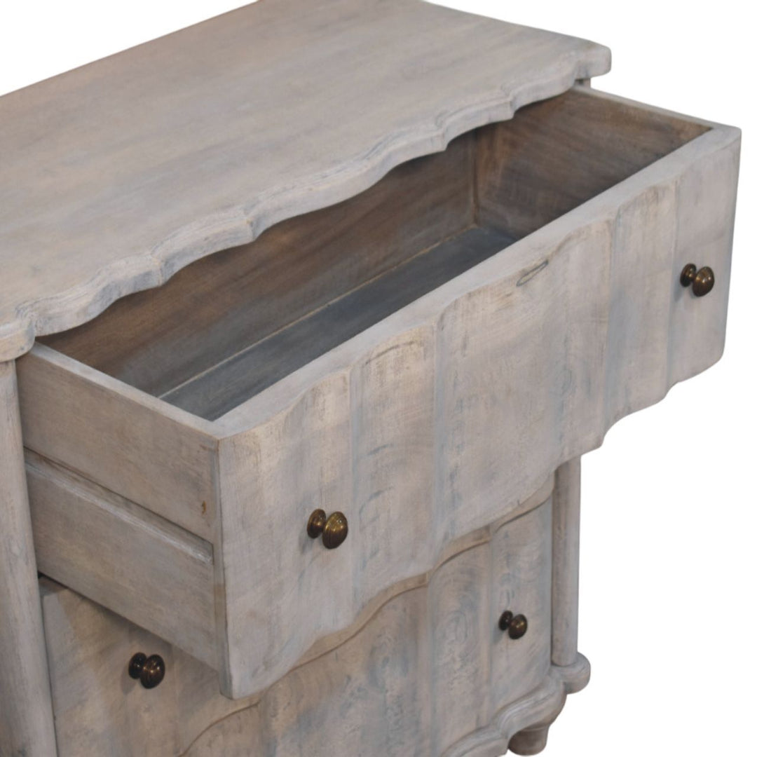 Grey Lacquered Solid Mango Wood Chest of Drawers with Curved Legs & Open Shelf