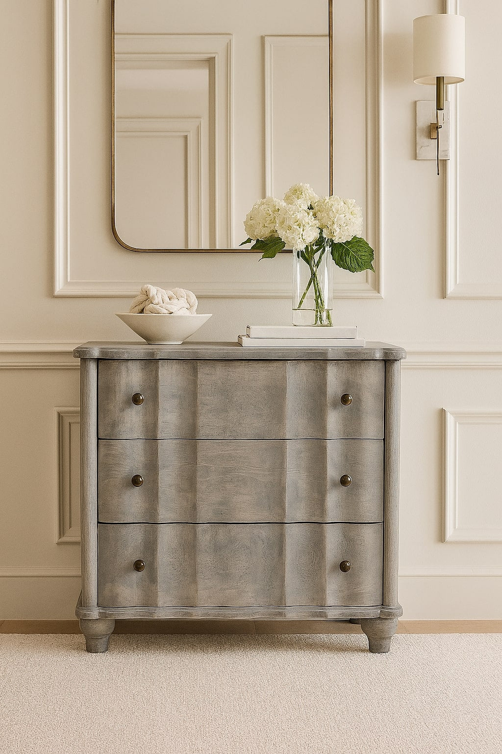 Grey Lacquered Solid Mango Wood Chest of Drawers with Curved Legs & Open Shelf