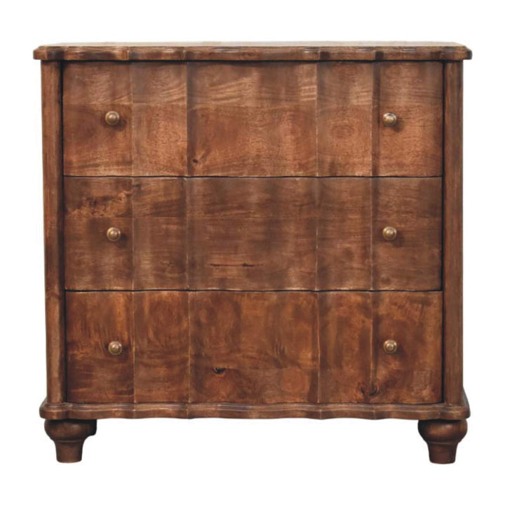 Brown Lacquered Velvet Mocha Solid Mango Wood Camille 3-Drawer Chest with Rattan Panels & Brass Handles