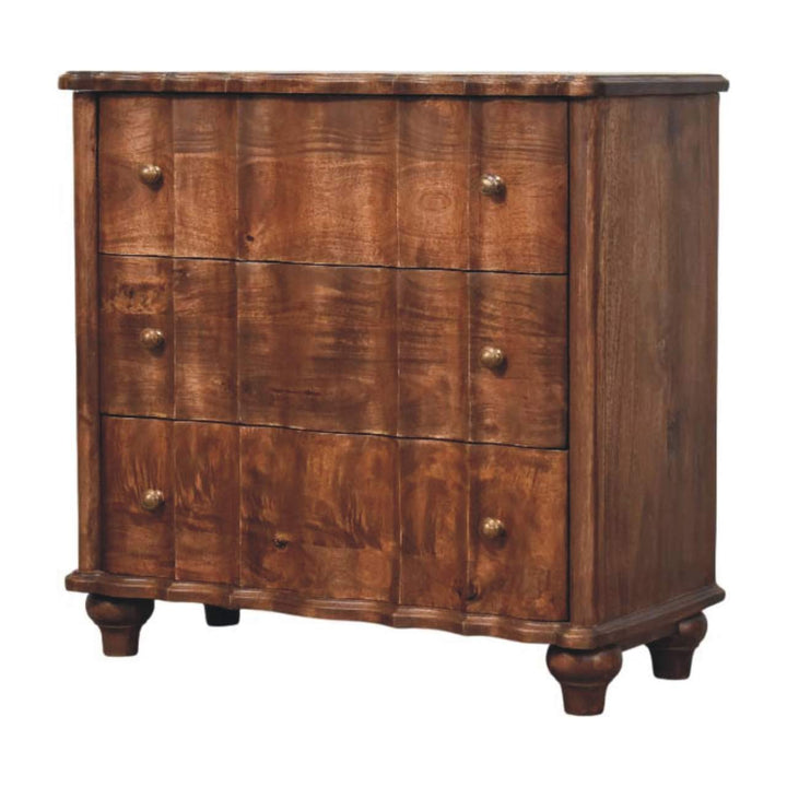 Brown Lacquered Velvet Mocha Solid Mango Wood Camille 3-Drawer Chest with Rattan Panels & Brass Handles