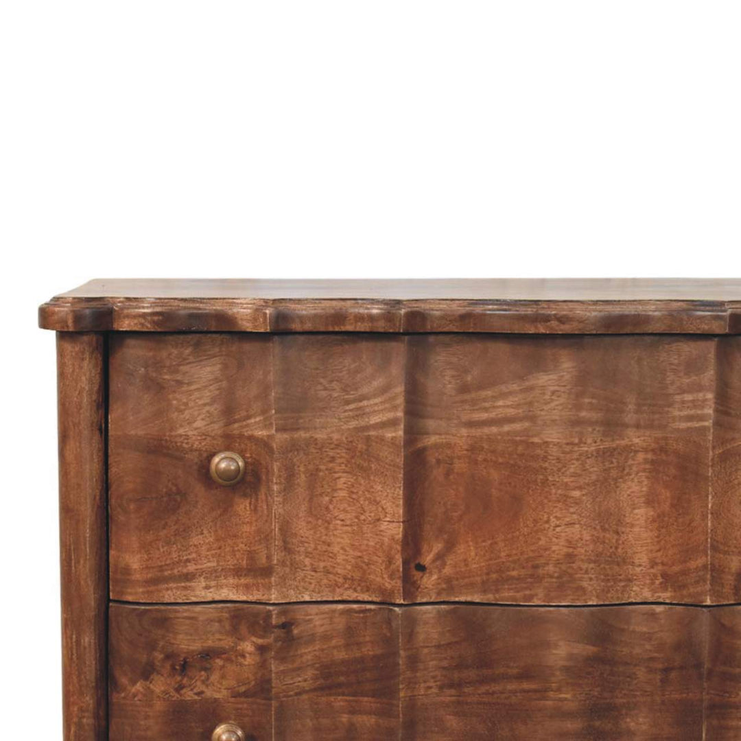 Brown Lacquered Velvet Mocha Solid Mango Wood Camille 3-Drawer Chest with Rattan Panels & Brass Handles