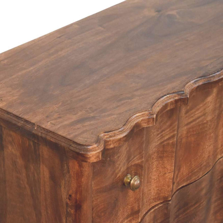 Brown Lacquered Velvet Mocha Solid Mango Wood Camille 3-Drawer Chest with Rattan Panels & Brass Handles