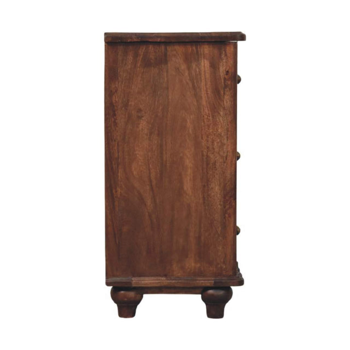 Brown Lacquered Velvet Mocha Solid Mango Wood Camille 3-Drawer Chest with Rattan Panels & Brass Handles