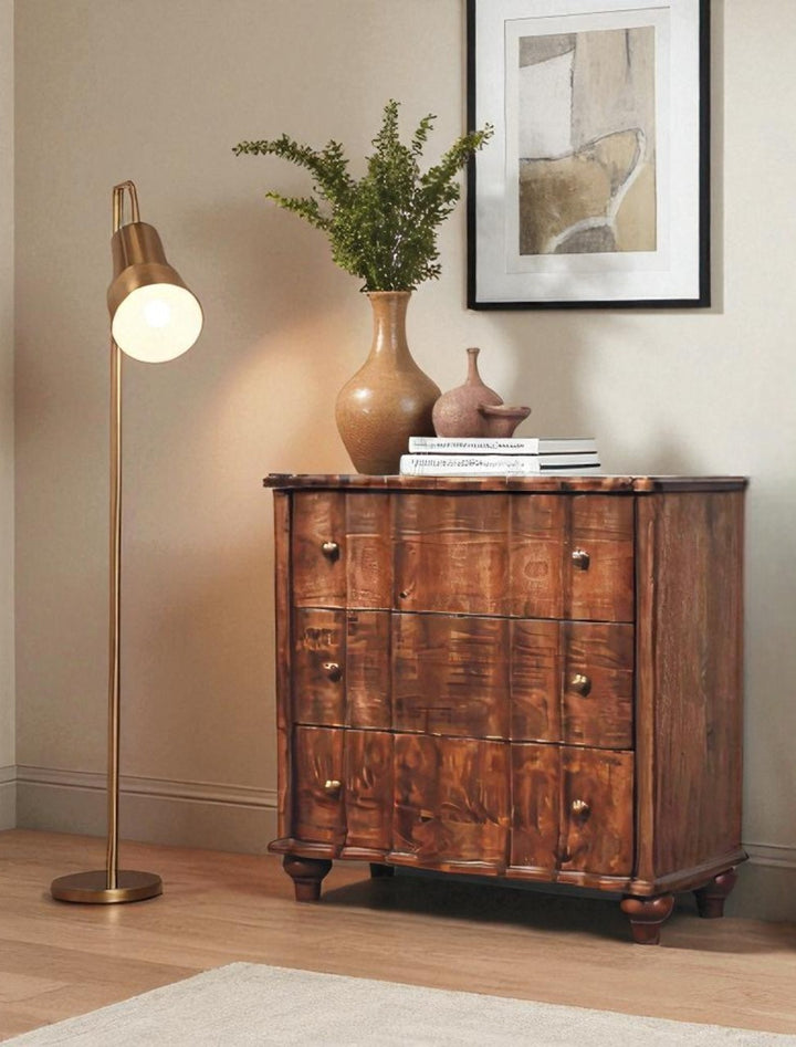 Brown Lacquered Velvet Mocha Solid Mango Wood Camille 3-Drawer Chest with Rattan Panels & Brass Handles