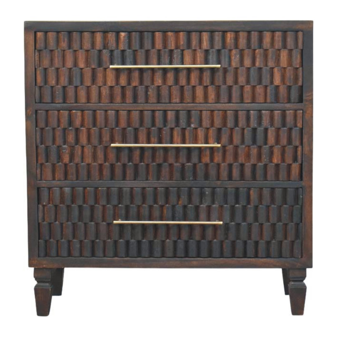 Chocolate Brown Lacquered Solid Mango Wood Cadiz Carved 6-Drawer Chest with Brass Knobs
