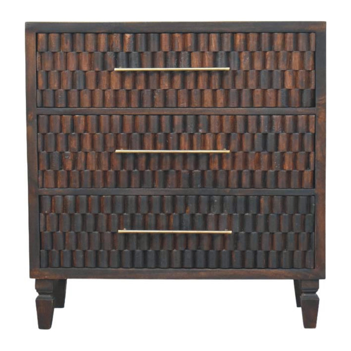 Chocolate Brown Lacquered Solid Mango Wood Cadiz Carved 6-Drawer Chest with Brass Knobs