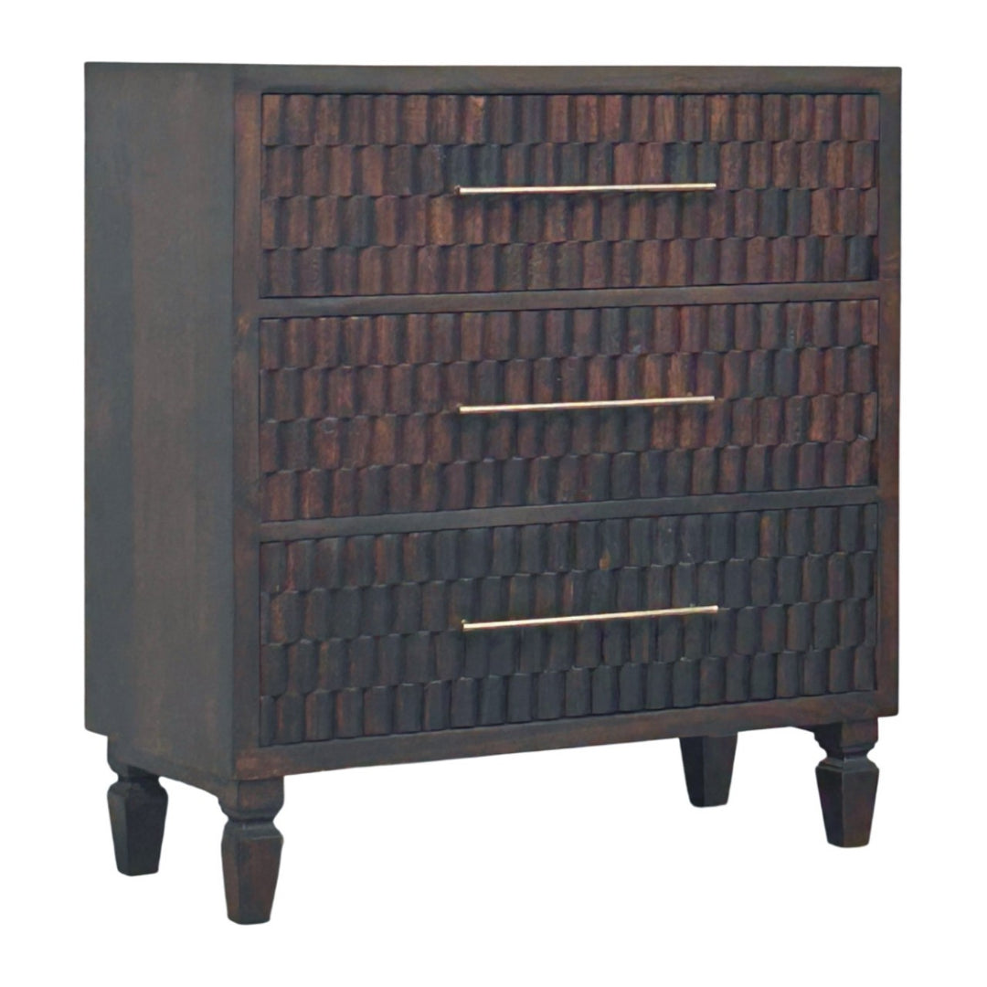 Chocolate Brown Lacquered Solid Mango Wood Cadiz Carved 6-Drawer Chest with Brass Knobs