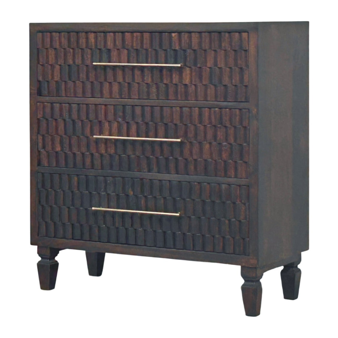 Chocolate Brown Lacquered Solid Mango Wood Cadiz Carved 6-Drawer Chest with Brass Knobs