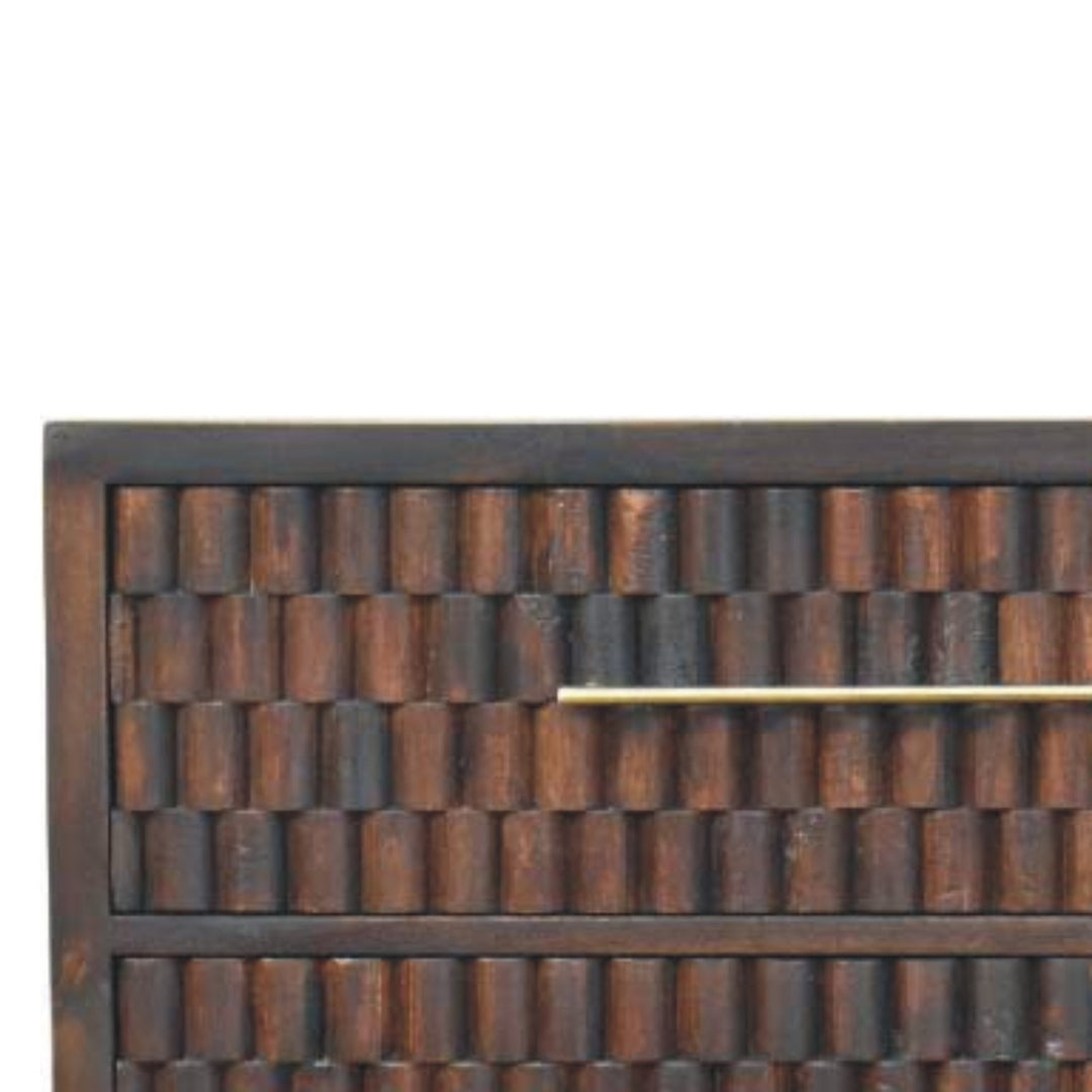 Chocolate Brown Lacquered Solid Mango Wood Cadiz Carved 6-Drawer Chest with Brass Knobs