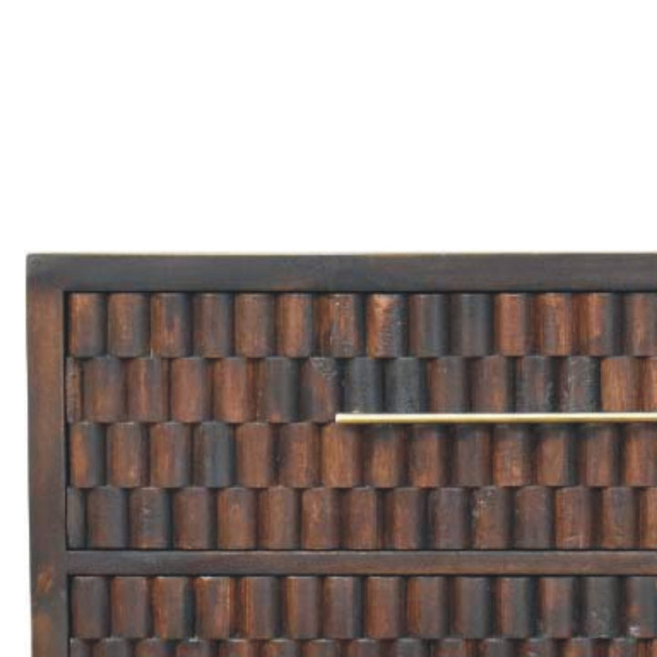 Chocolate Brown Lacquered Solid Mango Wood Cadiz Carved 6-Drawer Chest with Brass Knobs